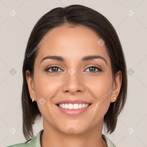 Joyful white young-adult female with medium  brown hair and brown eyes