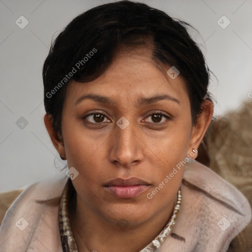 Neutral white young-adult female with short  brown hair and brown eyes