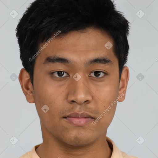 Neutral asian young-adult male with short  black hair and brown eyes
