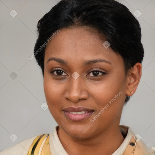 Joyful latino young-adult female with short  brown hair and brown eyes