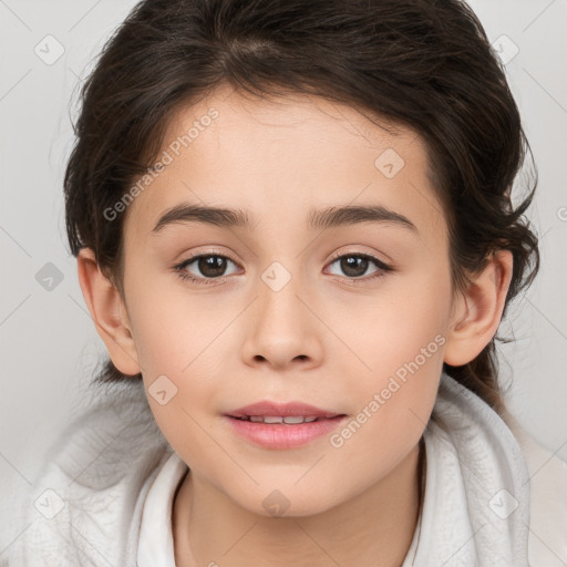 Joyful white child female with medium  brown hair and brown eyes