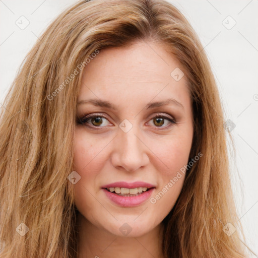 Joyful white young-adult female with long  brown hair and green eyes