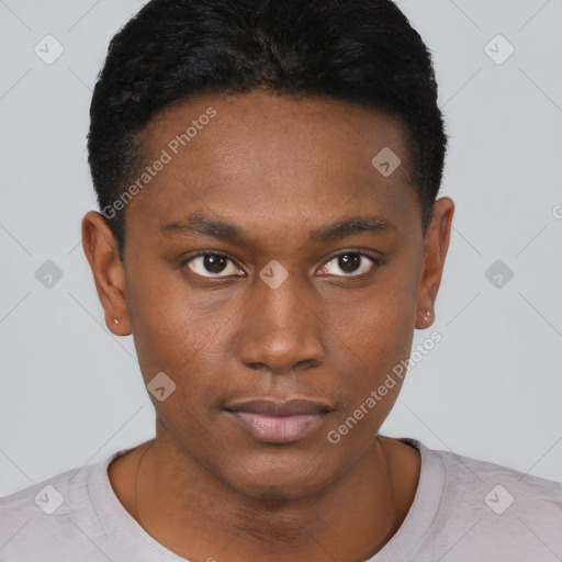 Neutral black young-adult male with short  brown hair and brown eyes