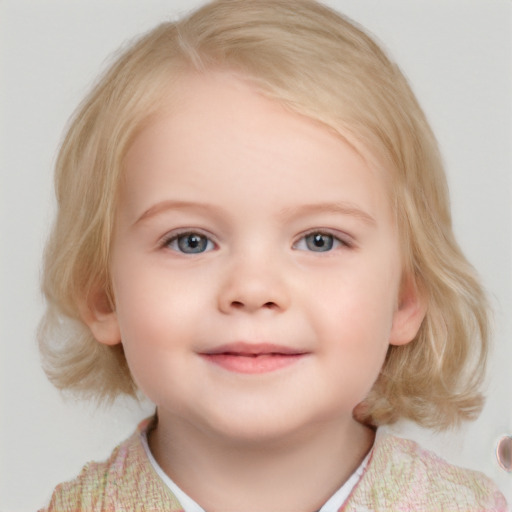 Joyful white child female with medium  brown hair and blue eyes