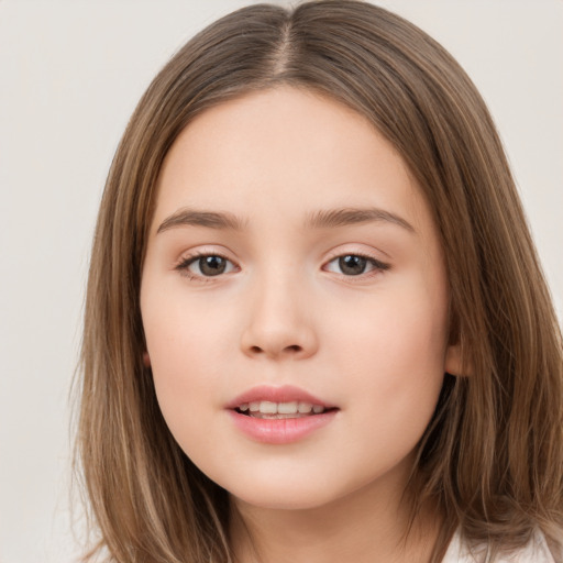 Neutral white child female with long  brown hair and brown eyes