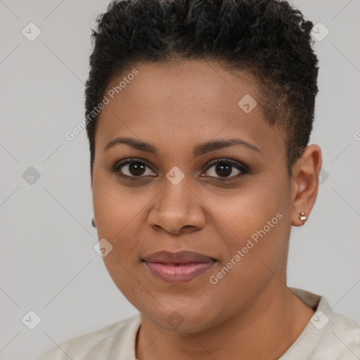 Joyful black young-adult female with short  brown hair and brown eyes