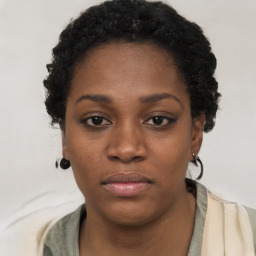 Neutral black young-adult female with short  black hair and brown eyes