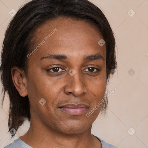 Joyful latino adult female with medium  brown hair and brown eyes