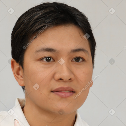Joyful white young-adult female with short  brown hair and brown eyes