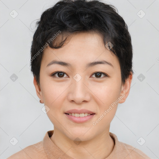 Joyful asian young-adult female with short  brown hair and brown eyes