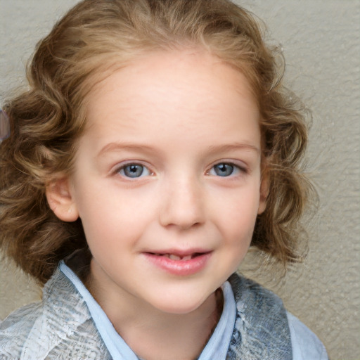 Joyful white child female with medium  brown hair and blue eyes