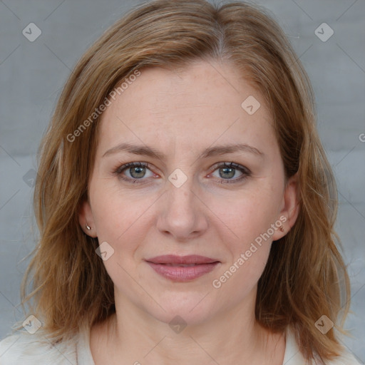 Joyful white young-adult female with medium  brown hair and blue eyes