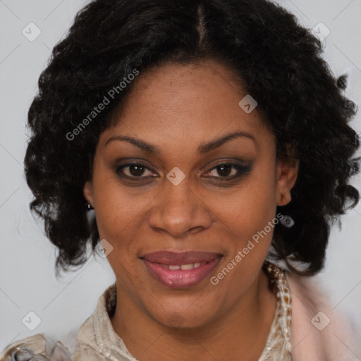 Joyful black adult female with medium  brown hair and brown eyes