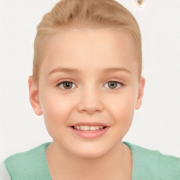 Joyful white child female with short  brown hair and brown eyes