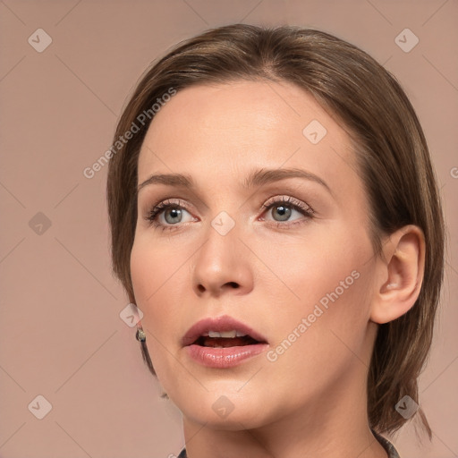 Neutral white young-adult female with medium  brown hair and grey eyes