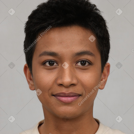 Joyful asian young-adult female with short  black hair and brown eyes