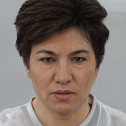 Joyful white adult female with short  brown hair and brown eyes