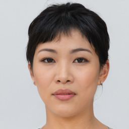 Neutral asian young-adult female with short  black hair and brown eyes