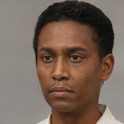 Neutral black young-adult male with short  black hair and brown eyes