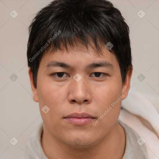 Neutral asian young-adult male with short  brown hair and brown eyes