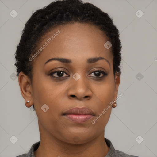 Neutral black young-adult female with short  brown hair and brown eyes