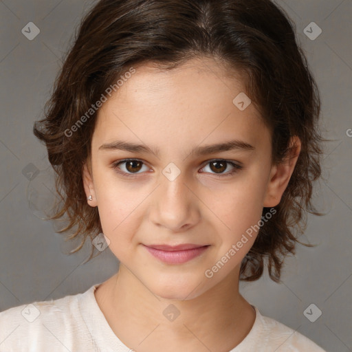 Joyful white child female with medium  brown hair and brown eyes