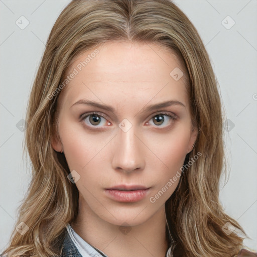 Neutral white young-adult female with long  brown hair and brown eyes