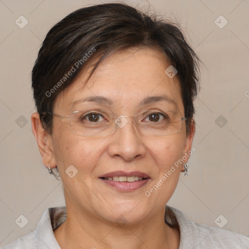 Joyful white adult female with short  brown hair and brown eyes