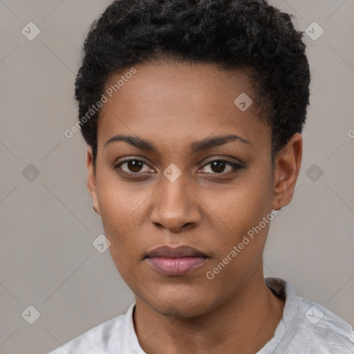 Neutral black young-adult female with short  black hair and brown eyes