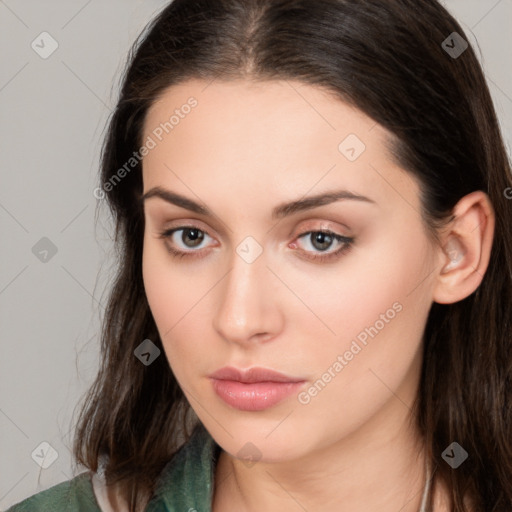 Neutral white young-adult female with medium  brown hair and brown eyes