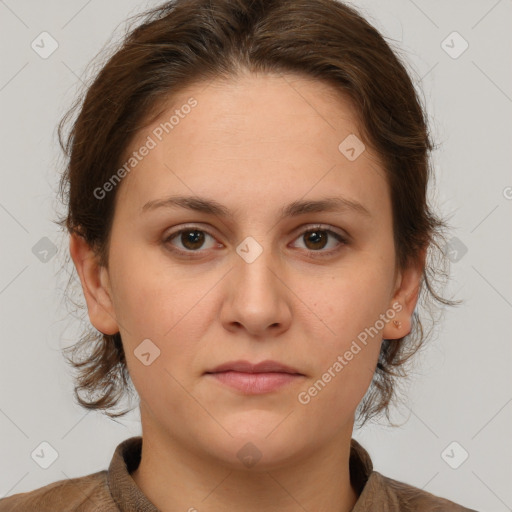 Neutral white young-adult female with short  brown hair and brown eyes