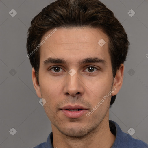 Neutral white young-adult male with short  brown hair and brown eyes