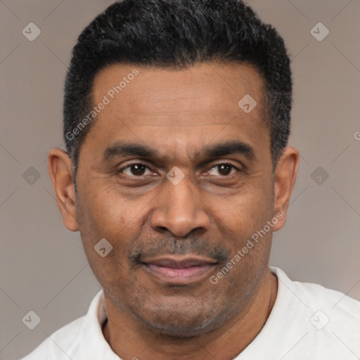 Joyful latino adult male with short  black hair and brown eyes