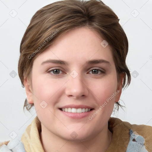 Joyful white young-adult female with medium  brown hair and blue eyes