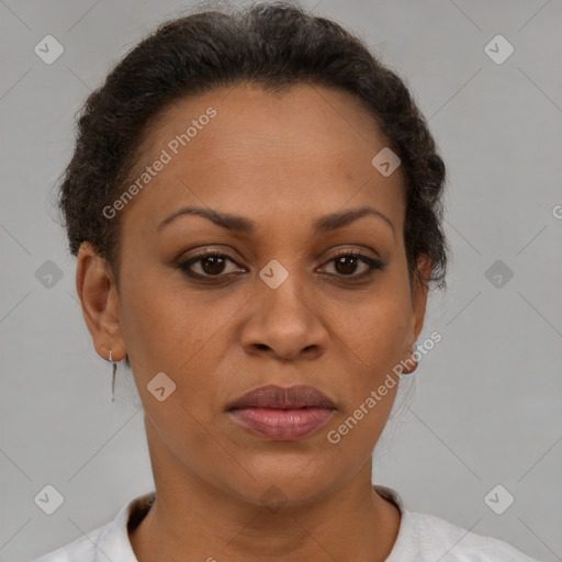 Joyful black adult female with short  brown hair and brown eyes