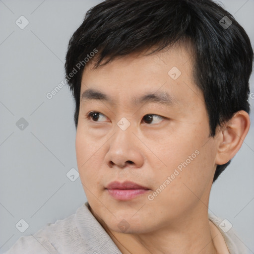 Neutral asian young-adult male with short  black hair and brown eyes