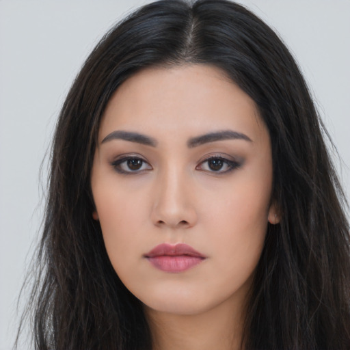 Neutral asian young-adult female with long  black hair and brown eyes