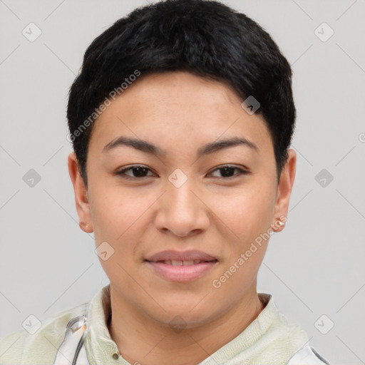 Joyful asian young-adult female with short  brown hair and brown eyes