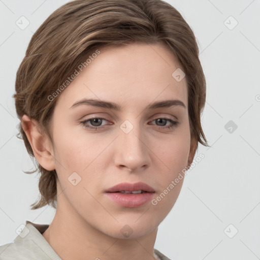 Neutral white young-adult female with medium  brown hair and grey eyes