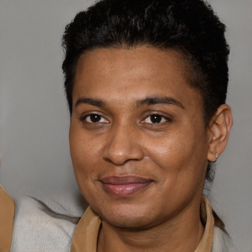 Joyful black adult female with short  brown hair and brown eyes