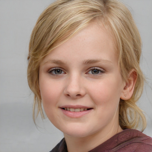 Joyful white child female with medium  brown hair and blue eyes