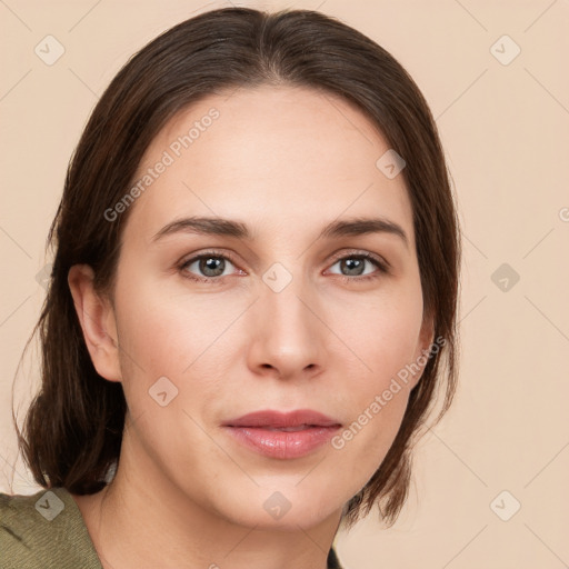 Neutral white young-adult female with medium  brown hair and brown eyes