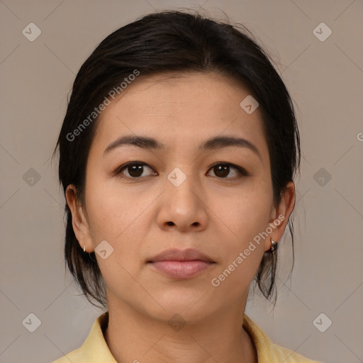 Neutral asian young-adult female with medium  brown hair and brown eyes