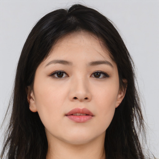 Neutral asian young-adult female with long  brown hair and brown eyes