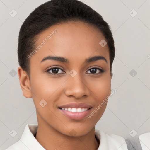 Joyful latino young-adult female with short  brown hair and brown eyes