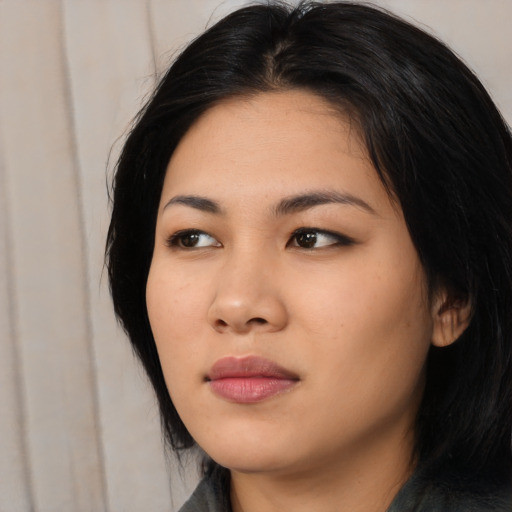Neutral asian young-adult female with long  black hair and brown eyes