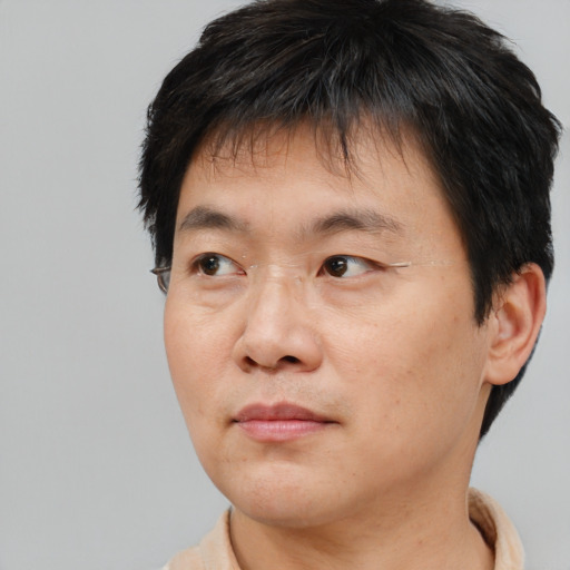 Neutral asian adult male with short  brown hair and brown eyes