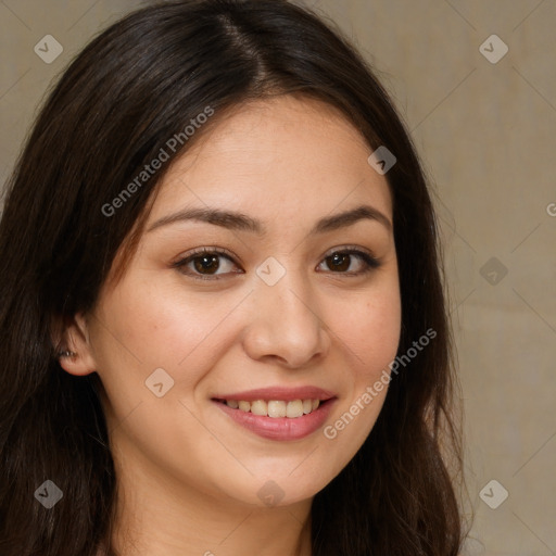 Joyful white young-adult female with long  brown hair and brown eyes