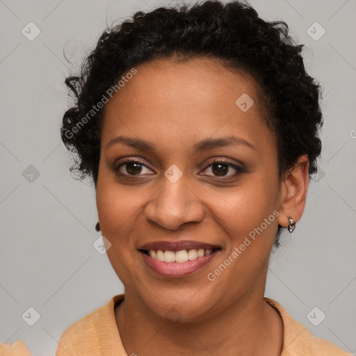 Joyful latino young-adult female with short  brown hair and brown eyes