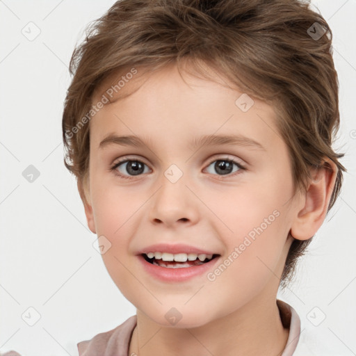 Joyful white child female with medium  brown hair and brown eyes